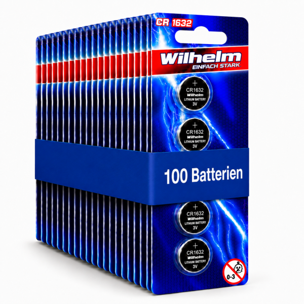 100 x CR1632 WILHELM Blister Lithium Knopfzelle 3V 140 mAh ø16 x 3,2 mm Batterie DL1632