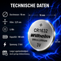 100 x CR1632 WILHELM Blister Lithium Knopfzelle 3V 140 mAh ø16 x 3,2 mm Batterie DL1632