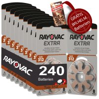 240 Hörgerätebatterien Rayovac Extra Typ 312  25x8 Stück + 6 Gratisbatterien