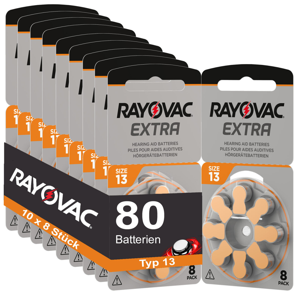 XX-Treme 80 X RAYOVAC Extra Hearing Aid Batteries Type 13 - PR48 - Colour Code Orange - 1.45 Volt - Pack Of 80 (10 X 8 Batteries - View #8
