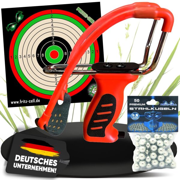 Fritz-Cell Profi Weitschuss Zwille Steinschleuder mit verstecktem Magazin Sport Outdoor Slingshot mit Zielscheiben, Stahlkugeln 9mm