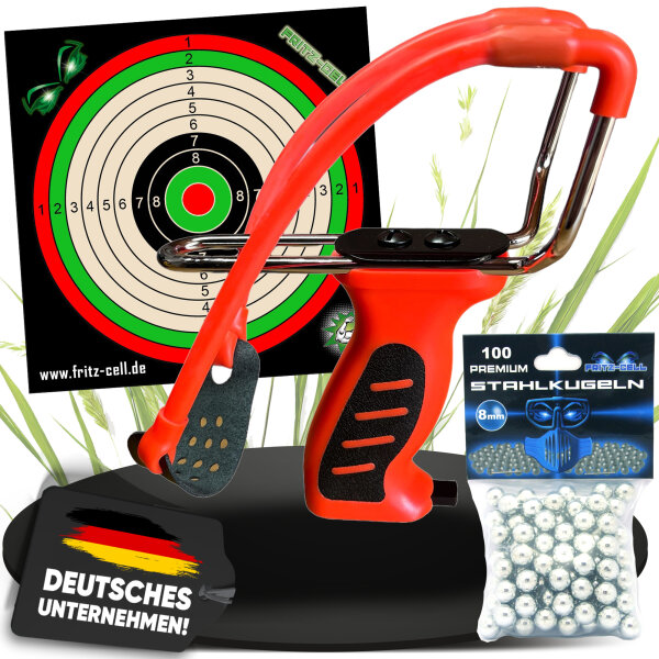 Fritz-Cell Profi Weitschuss Zwille Steinschleuder mit verstecktem Magazin Sport Outdoor Slingshot mit Zielscheiben, Stahlkugeln 8mm