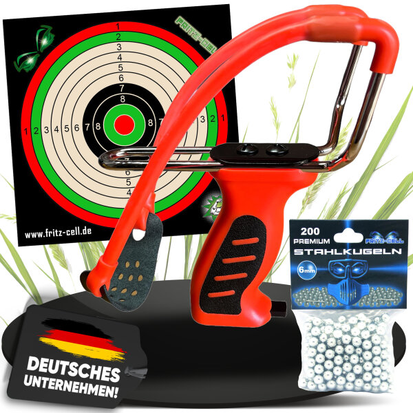 Fritz-Cell Profi Weitschuss Zwille Steinschleuder mit verstecktem Magazin Sport Outdoor Slingshot mit Zielscheiben, Stahlkugeln 6mm