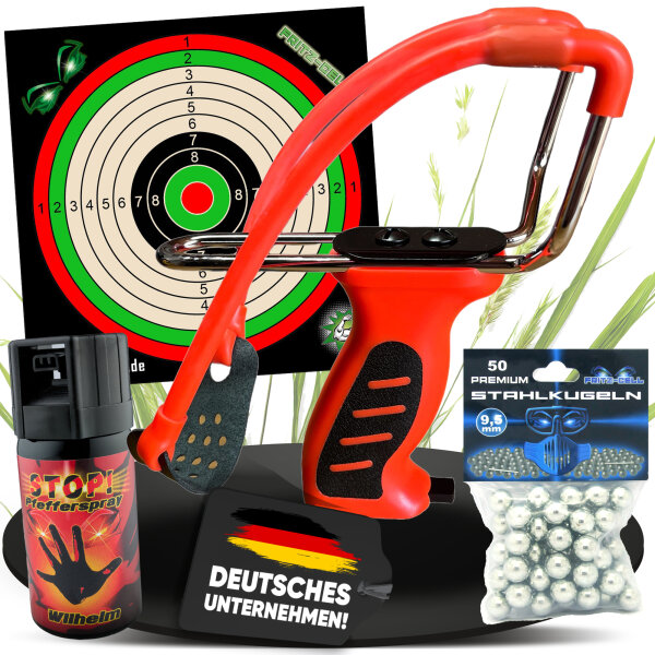 Fritz-Cell Profi Weitschuss Zwille Steinschleuder mit verstecktem Magazin Sport Outdoor Slingshot mit Zielscheiben, Stahlkugeln 9mm, Pfefferspray