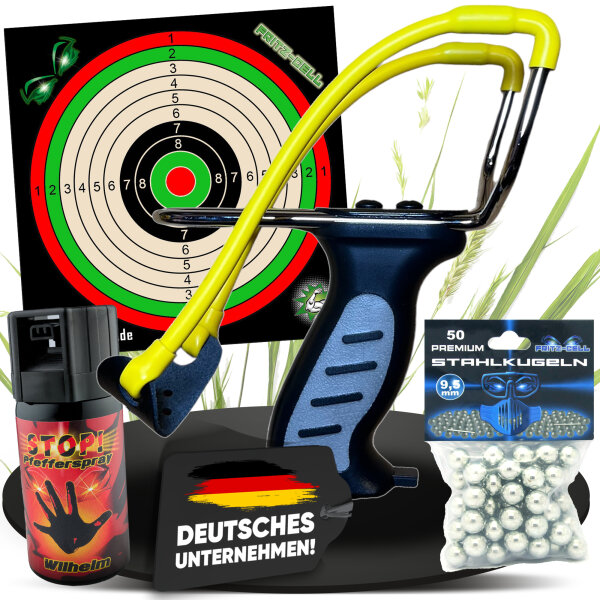 Fritz-Cell Profi Weitschuss Zwille Steinschleuder schwarz mit verstecktem Magazin Sport Outdoor Slingshot mit Zielscheiben, Pfefferspray und Stahlkugeln 9mm