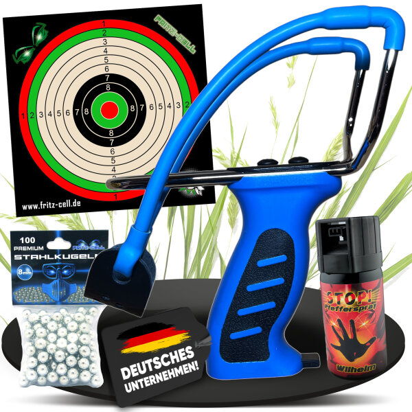 Fritz-Cell Profi Weitschuss Zwille Steinschleuder blau mit verstecktem Magazin Sport Outdoor Slingshot mit Zielscheiben, Stahlkugeln 8mm, Pfefferspray