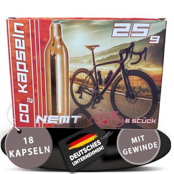 18 NEMT 25g CO2 Kartuschen MIT Gewinde für alle CO2 Fahrradreifenpumpen mit Gewinde für Rennräder und Mountainbikes