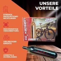 24 NEMT 25g CO2 Kartuschen MIT Gewinde für alle CO2 Fahrradreifenpumpen mit Gewinde für Rennräder und Mountainbikes