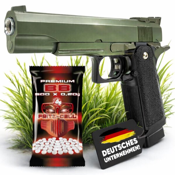 Fritz-Cell Set Airsoft Pistole FC6G 1911 Match schwere Ausführung Federdruck Softair Waffe 0,5 Joule 6 mm inkl. 500 Premium BBs 0,20g Munition