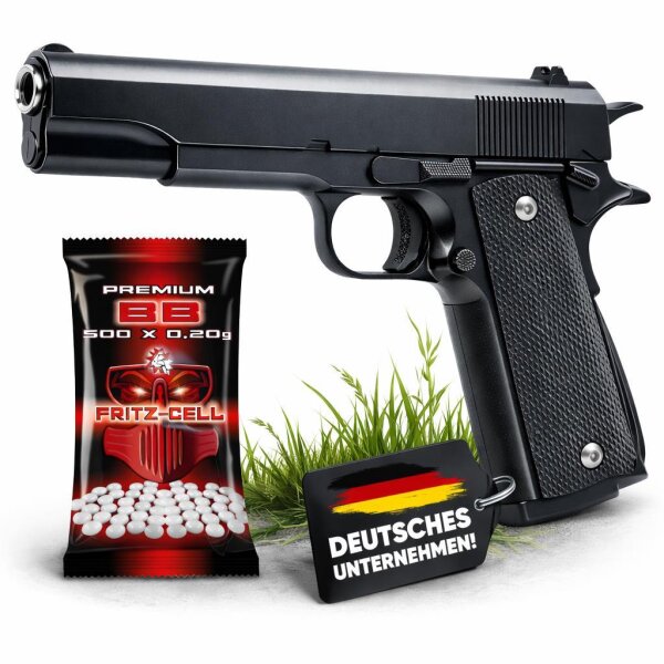 Fritz-Cell Set Airsoft Pistole FC13BW schwere Ausführung Federdruck Softair Waffe 0,5 Joule 6 mm inkl. 500 Premium BBs 0,20g Munition