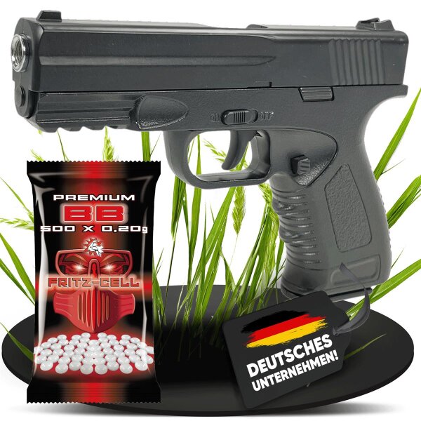 Set Airsoft Pistole schwere Ausführung Federdruck Softair Waffe 0,5 Joule 6 mm inkl. 500 Premium BBs 0,20g Munition