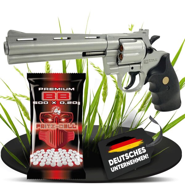 Set Airsoft Revolver Federdruck Softair FC36 Silber Waffe 0,5 Joule 6 mm inkl. 500 Premium BBs 0,20g Munition