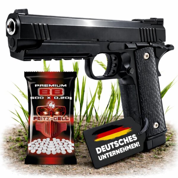 Set Airsoft Pistole 1911 Tuningmodell schwere Ausführung Federdruck Softair Waffe 0,5 Joule 6 mm inkl. 500 Premium BBs 0,20g Munition