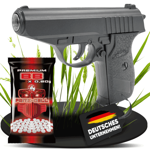 Set Airsoft Pistole mit Schalldämpfer schwere Ausführung Federdruck Softair Waffe 0,5 Joule 6 mm inkl. 100 Premium BBs 0,20g Munition