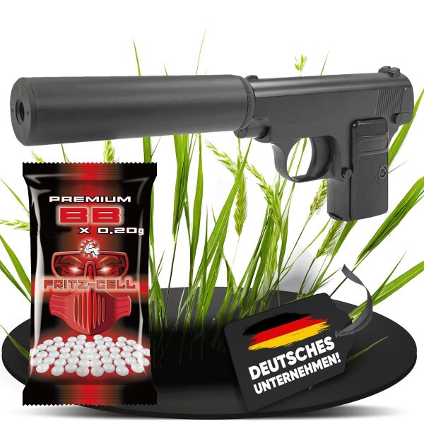 Set Airsoft Pistole vollmetall Ausführung Federdruck Softair Waffe 0,5 Joule 6 mm inkl. 100 Premium BBs 0,20g Munition