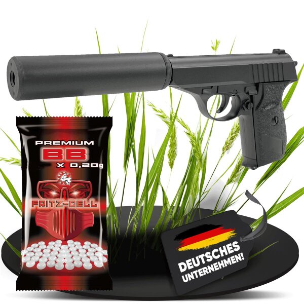 Set Airsoft Pistole mit Schalldämpfer schwere Ausführung Federdruck Softair Waffe 0,5 Joule 6 mm inkl. 100 Premium BBs 0,20g Munition