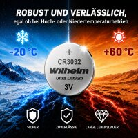 4 x Wilhelm Lithium Knopfzelle CR3032 3V Batterien, Lithium-Technologie, 3V Spannung