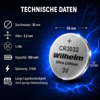12 x Wilhelm Lithium Knopfzelle CR3032 3V Batterien, Lithium-Technologie, 3V Spannung